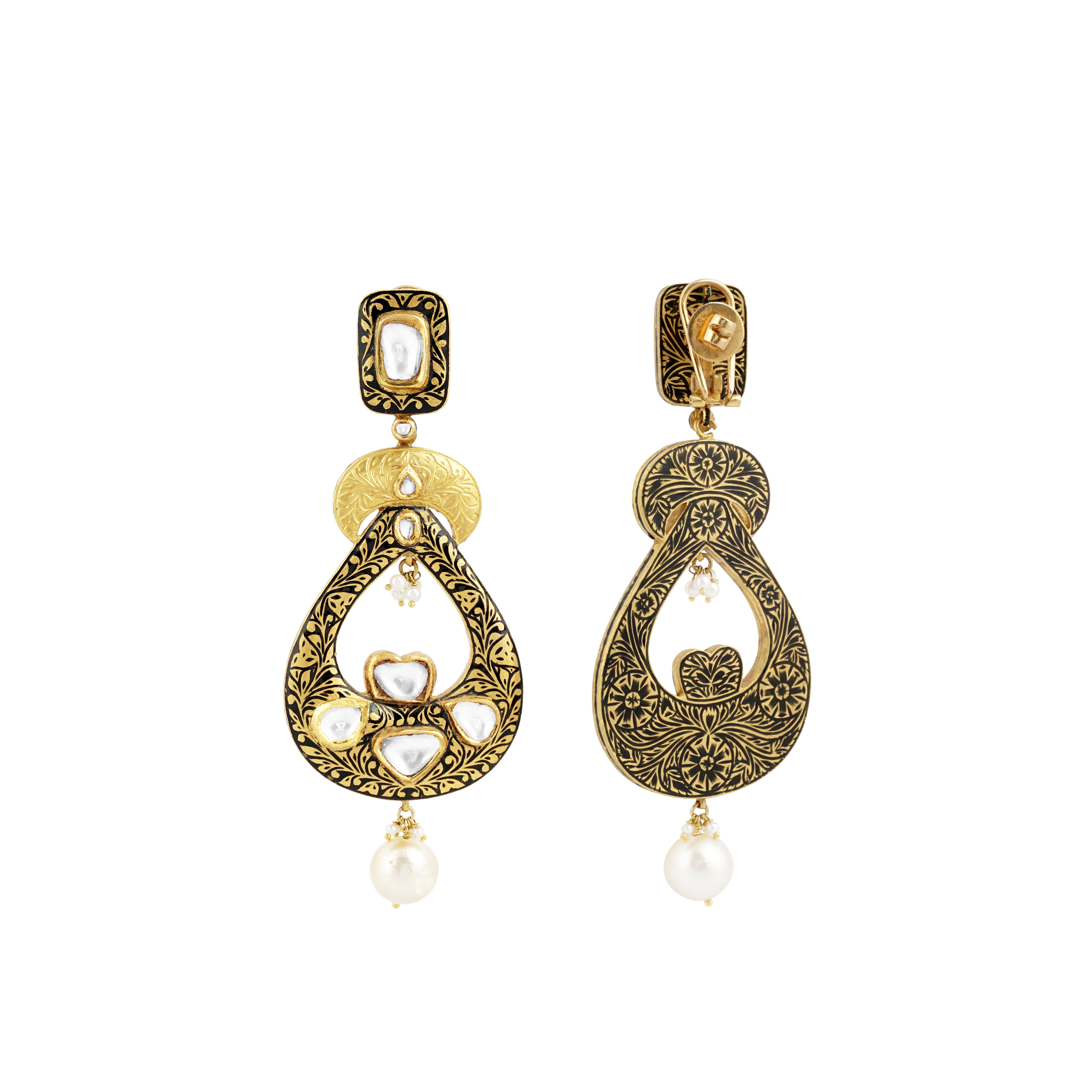 Teardrop Polki Earrings with Partash Work and Pearl Drops